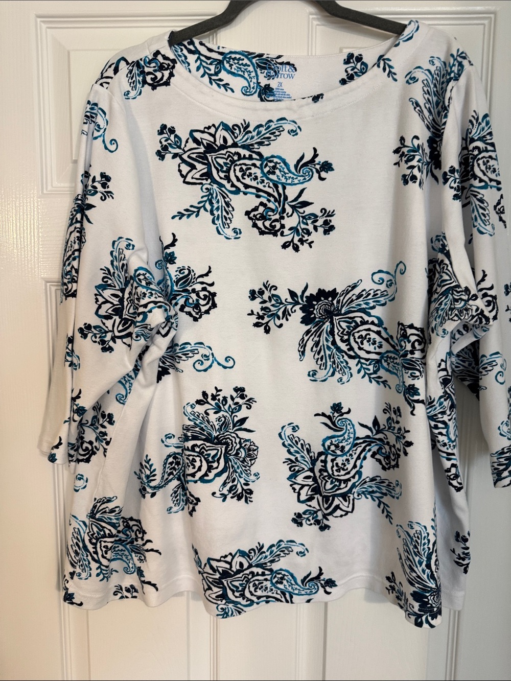 croft & barrow White Long-Sleeve Top with Blue and Black Paisley Print